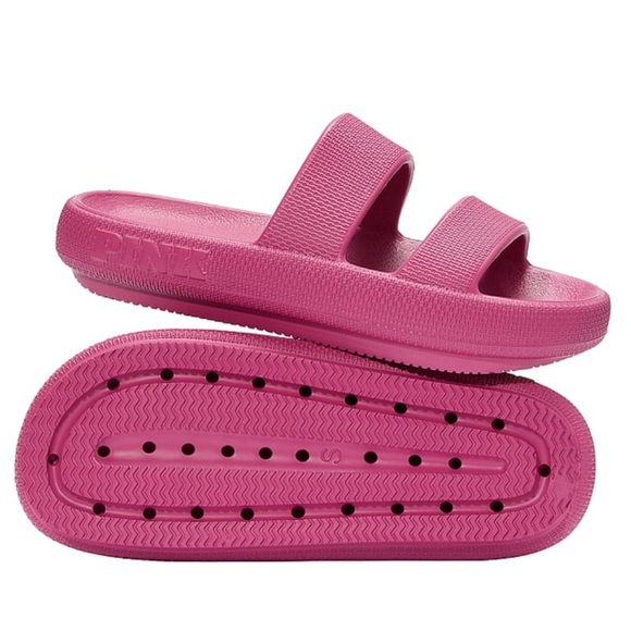 PINK Victoria Secret Double Strap Pillow Slides In Red Violet Medium 7/8 - Picture 2 of 11